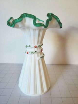 Fenton Milk Glass Wheat Vase With Green Crest Ruffle Top Signed By Artist
