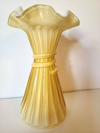 Fenton Art Glass Wheat Vase With Ruffle Top Gold Overlay On White
