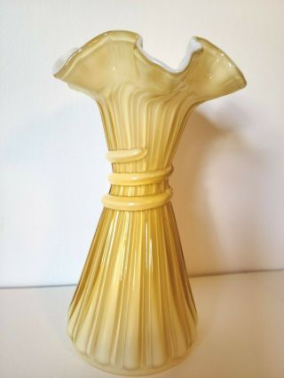 Fenton Art Glass Wheat Vase with Ruffle Top Gold Overlay on White 2