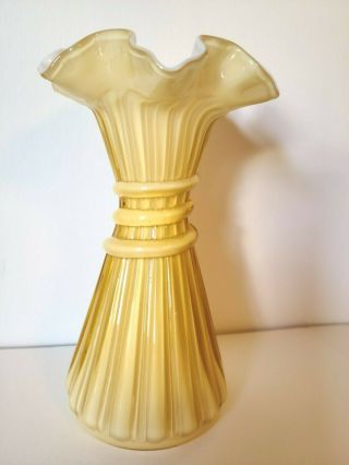 Fenton Art Glass Wheat Vase with Ruffle Top Gold Overlay on White 3