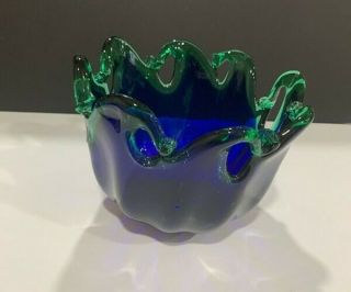 Hand Made Italian Art Glass Bowl Cobalt Blue And Green Large 10.  5 " X 7.  5 "