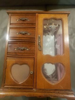 Vintage Wood Jewelry Box With Drawers & Necklace Storage