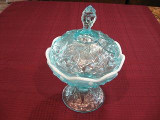 Fenton Blue Opalescent Lily Of The Valley Footed Candy Box 1978 - 1985