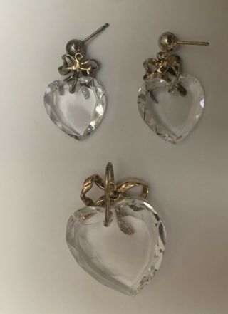 Vtg Lenox Cut Crystal Heart & Ruby14k Gf Sterling Crystal Pendant & Earrings Set