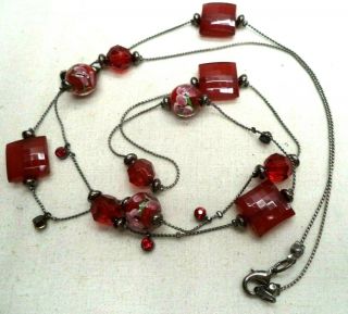 Stunning Vintage Estate Red Floral Art Glass Beaded 36 " Necklace 4361n