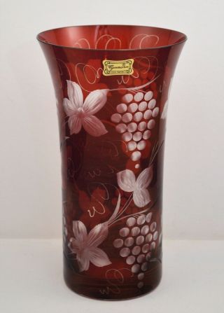 Vtg Czech Bohemian Egermann Crystal Glass Vase 8 " Red Cut To Clear