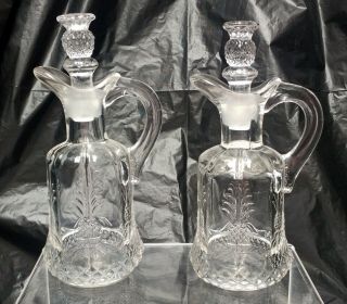 Two Vintage Heisey Clear Glass Cruets Plantation Pineapple Stoppers 5.  25 " & 5 " T