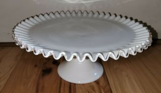 Vtg.  Fenton Fluted Milk Glass Cake Stand Plate 12.  5 " White Silver Crest