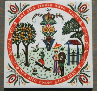 Vtg 60s Mcm Mid Century Berggren Swedish Folk Art Fruit Roses Tile Trivet - 2