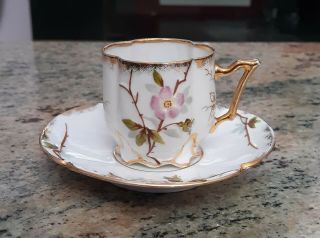Vintage Pink Floral Design & Gold Trim Porcelain Demitasse Cup & Saucer