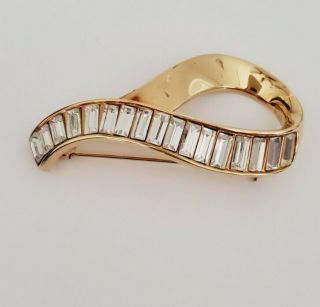 Vintage Estate Jewelry Swarovski Swan Baguette Crystal Gold Tone Ribbon Pin
