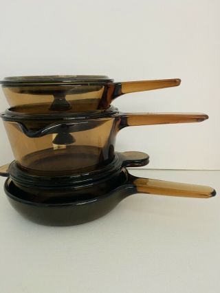Vintage Corning Vision Ware Amber Glass Cookware Pots Pans 7 Piece Set Pyrex Usa