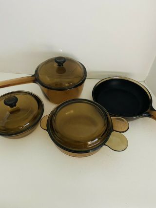Vintage Corning Vision Ware Amber Glass Cookware Pots Pans 7 Piece Set Pyrex USA 2
