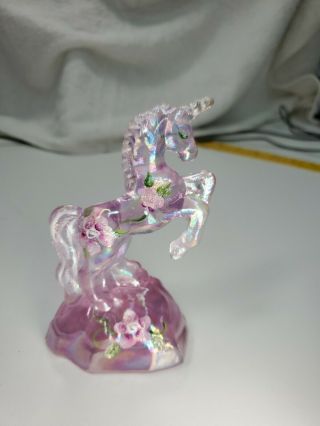 Iridescent Fenton Glass Pink Unicorn 5” Hand Painted Flowers,  Sparkles W/sticker