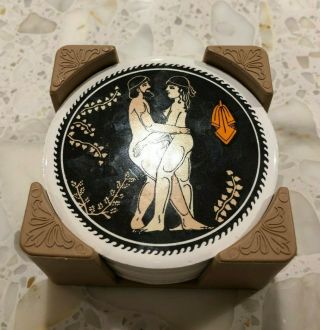 Ceramic Coasters 6x Ancient Greek Satire Scenes & Case