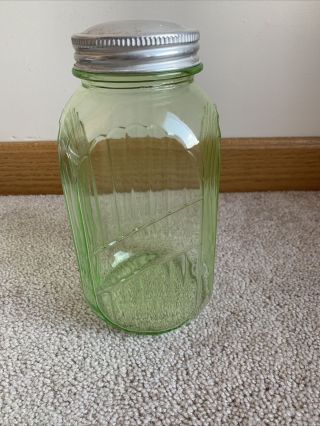 Large 40 Oz.  Green Depression Hoosier Glass Ribbed Canister Jar - 8 " Sugar