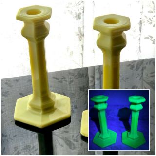 Vintage Custard Vaseline Uranium Glass Candlestick Holders - 7.  5 Inch Pair Glows