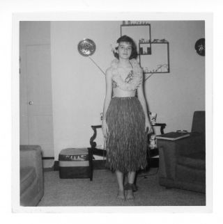 Pretty Girl Teen In Hula Grass Skirt Lei 1960 