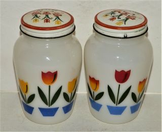 Vintage Anchor Hocking White Milk Glass Tulips Salt Pepper Shakers