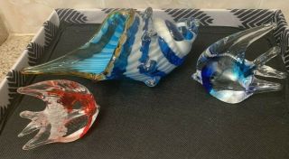 Vintage Murano Art Glass Set Of Blown Conch Sea Shell &2 Red&blue Fish Nautical