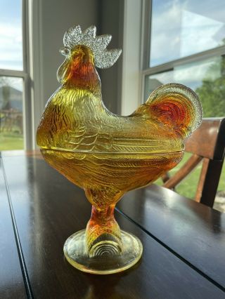 Vintage Kanawha Glass Standing Rooster Amberina Candy Dish Large Lidded 9.  5 "