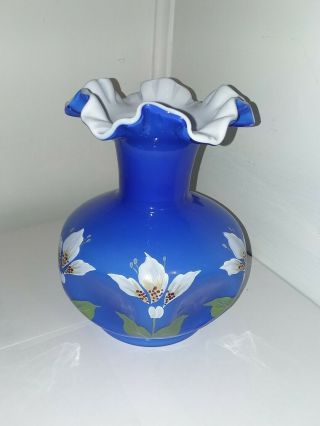 Fenton Art Glass Hand Painted White Blossoms On Cobalt Overlay Pinch Vase