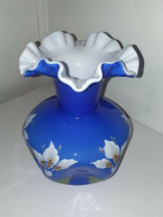 Fenton Art Glass Hand Painted White Blossoms On Cobalt Overlay Pinch Vase 2