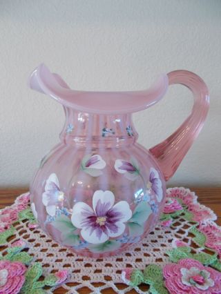Fenton Rose Opalescent Rib Optic Hand Painted Pitcher Qvc