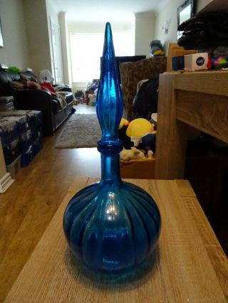Retro Vintage 60`s Blue Turquoise Empoli Genie Bottle Decanter Glass