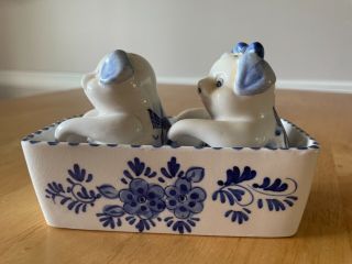 Vintage Delft Blue Salt And Pepper Shakers In Trough