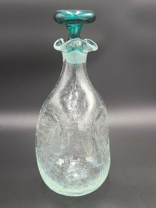 11 " Hand Blown Crackle Pinched Glass Decanter With Green Stopper In The Style Of