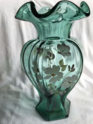 Fenton Emerald Green Hand Painted Floral Design Hex Vase Signed 1995