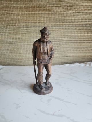 Vintage Wooden Hand Carved Man With Cane Figure Lightweight