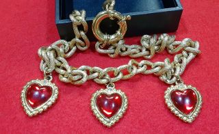 Gorgeous Vintage 3 Red Translucent Lucite Acrylic Heart Pendant Necklace Chain