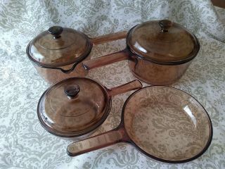 7 Pc Corning Ware Visions Pyrex Sauce Pans Skillet Cookware Amber