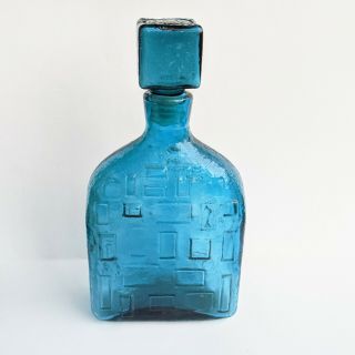 Vintage Empoli Italian Blue Textured Glass Decanter Bottle With Stopper