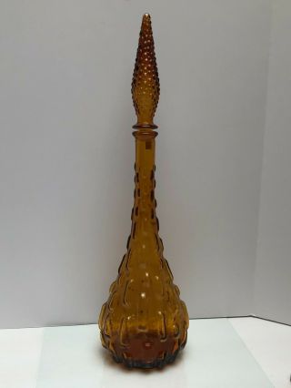 Empoli Art Glass Amber Rectangle & Hobnail Genie Bottle Decanter W Stopper Italy