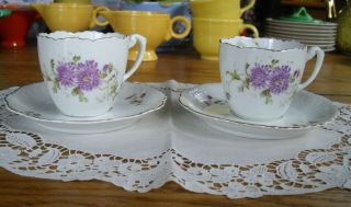 Vintage Kpm Germany Tea Cups & Saucers Purple Flowers Set Of 2
