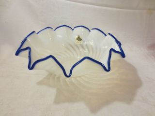 Vintage Fenton Blue Ridge Opalescent Spiral Crimp Edge Bowl With Sticker 10 "