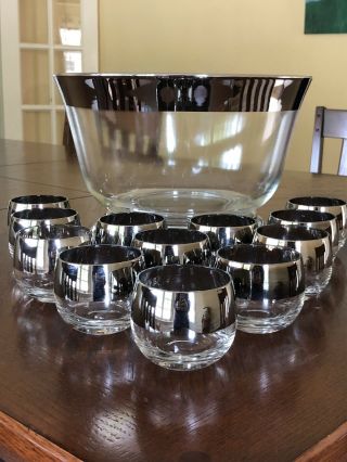 Vintage Dorothy Thorpe Silver Band Punch Bowl Silver Foot Base 12 Roly Poly Cups