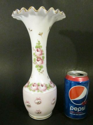 Vintage Fenton Art Glass Milk White Hand Painted Charleton Rose Big 10.  75 " Vase