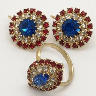 Vintage Red White & Blue Crystal Rhinestone Clip On Earring And Ring Set