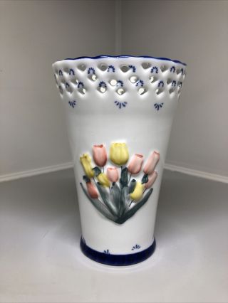Hand Painted Delftware Holland Royal Twickel Vase Tulip Design,  No Flaws,  6”