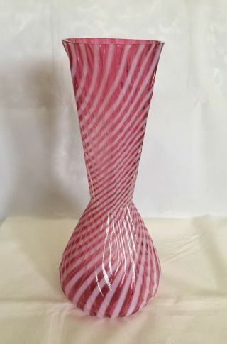 Tall Unmarked Vintage Fenton Cranberry Spiral Optic Opalescent Vase 11 1/4 "