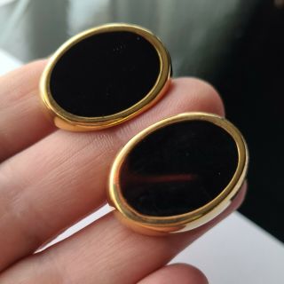 Vintage Napier Gold Tone Black Enameled French Clip On Pierced Earrings 1.  25 " T