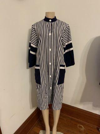 Vtg 70s Women’s M/l House Dress Patio Lounge Navy White Striped Muumuu Usa