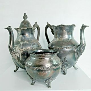 Vintage 3 Piece Pewter Tea Pot Water Pot Sugar Bowl Set