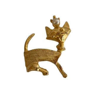 Vintage 50s Mid Century Cat Brooch Pin Gold Tone W/ Pearl Cute