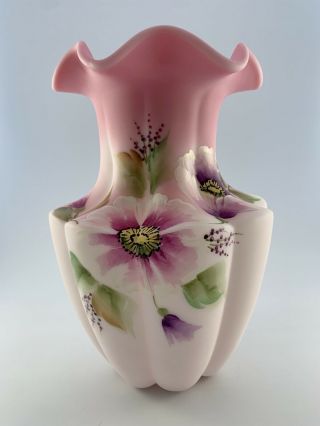 Fenton Rosalene Satin Hand Painted Signed Vase Ruffled Top Peonies Pansies