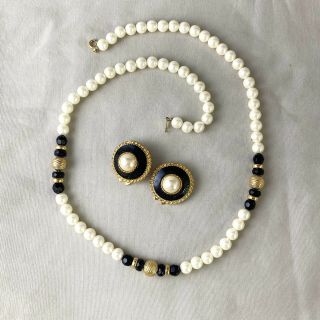 Vintage Faux Pearl Necklace With Matching Black Enamel And Faux Pearl Earrings